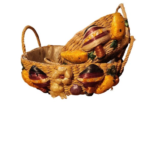 Decorative Rafia Woven Bread Baskets With Faux Vegetables Set Of 2 Cottage Boho - Picture 7 of 8